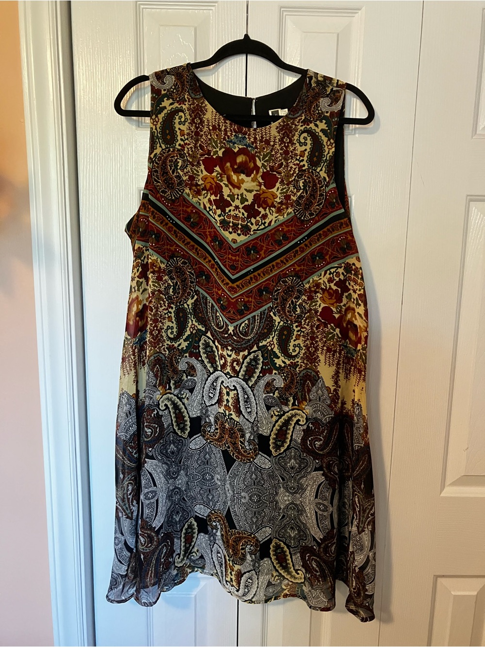 Julian Taylor Sleeveless Paisley Midi Dress in Burgundy, Mustard, Black, Cream